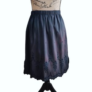 Vintage 1940s Black Taffeta Slip Skirt Floral Embroidered Scalloped Hem